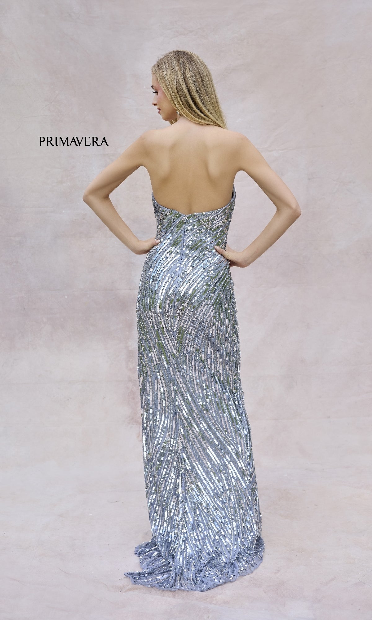 A woman wearing the Primavera 4376 long prom dress, featuring a strapless design with silver sequins, stands with her back to the camera against a light textured background.